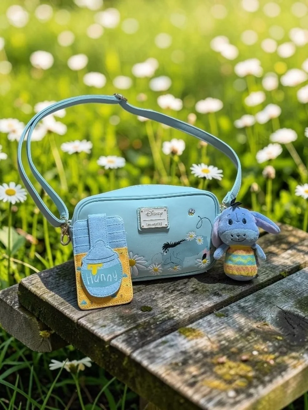 Disney Light Blue Eeyore Crossbody Bag with Hunny Cardholder and Plush Charm